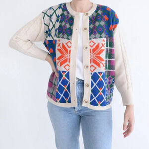 Cider Cream &  Blue Floral Argyle Knit Button Up Sweater L